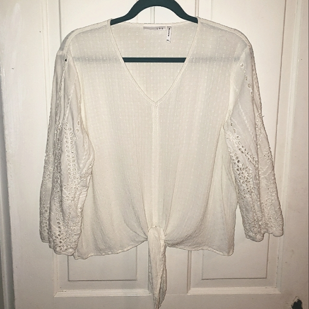 LUQ White Eyelet Lace Sleeve Tie Front Blo…